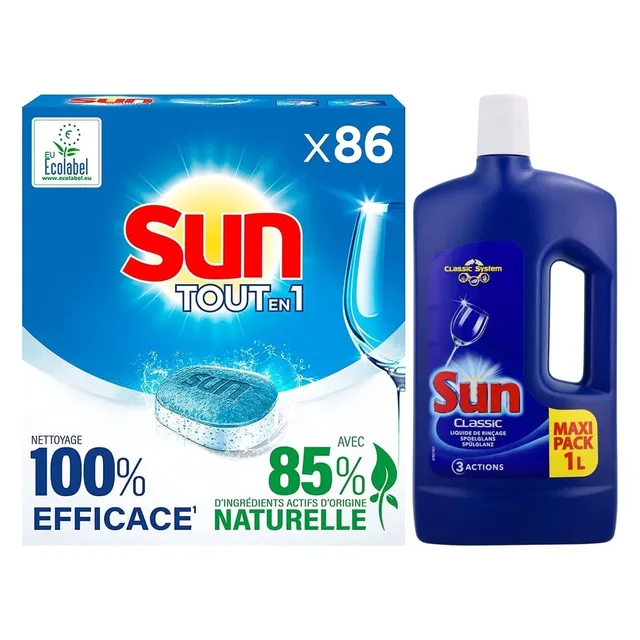 sun-tout-en-1-tablettes-86-liquide-rin-age-1-l image 1